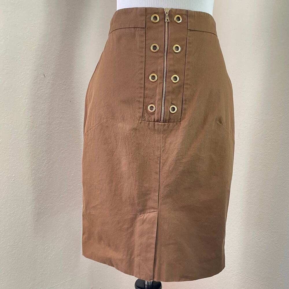 Prada Brown Midi Skirt Gold Grommet Zip Italy Size 46 Minimalist Luxury Classic - Picture 6 of 14